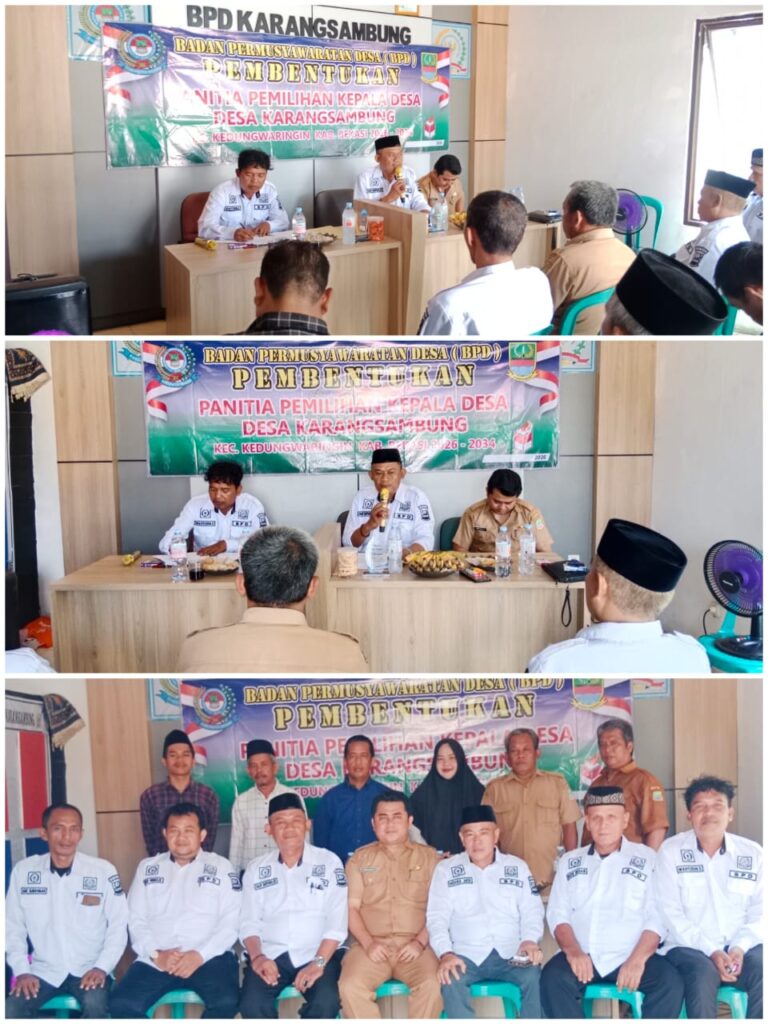 BPD Karangsambung Kab. Bekasi tetapkan 6 panitia Pilkades masa bakti 2026–2034 lewat musyawarah mufakat pada 12 Mei 2026 di Aula BPD Karangsambung.