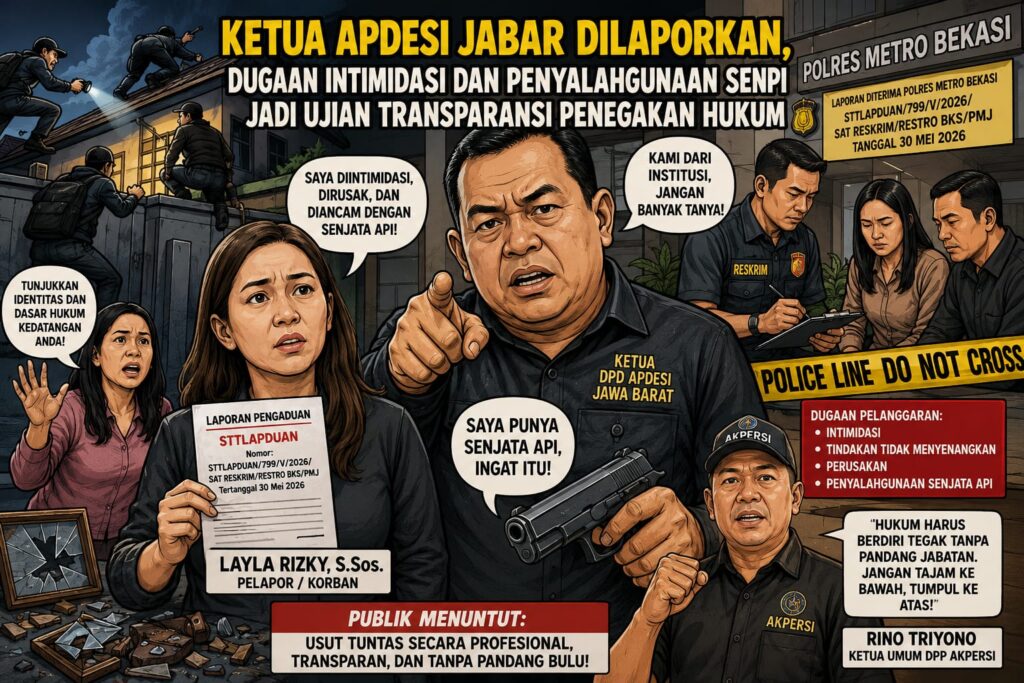 Ilustrasi: Layla Rizky laporkan Ketua DPD APDESI Jabar ke Polres Bekasi atas dugaan intimidasi, penyalahgunaan senpi, dan perusakan dini hari 30 Mei 2026.